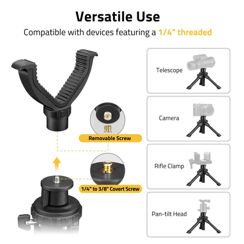 Beefy Shooting Rest Tripod with 360° V Yoke, showing versatile use with 1/4" threaded removable screw for various devices.