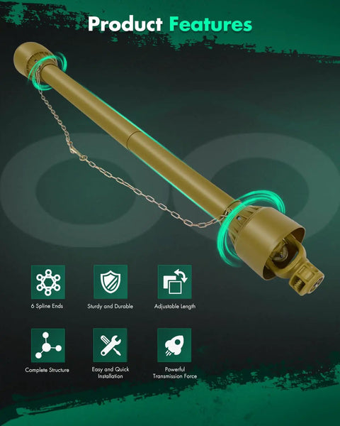 Professional Grade Top Tier Yellow Adjustable Pto Shaft For Tractors 39 To 62 Inch Drive Line With One Three Eight Splines, features chain and six spline ends.