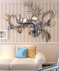 Dope 3D Flower Pattern Wall Decals Set For Living Room And Bedroom, Acrylic Mirror Stickers, silvery finish on wall