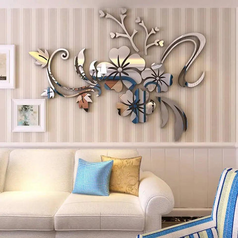 Dope 3D Flower Pattern Wall Decals Set For Living Room And Bedroom, Acrylic Mirror Stickers, silvery finish on wall