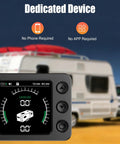 True Wireless RV Leveling System With Portable Display No Wires No App No Fuss next to a camper trailer in the background