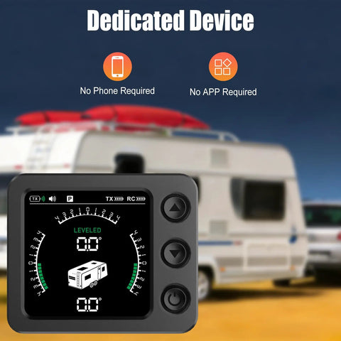 True Wireless RV Leveling System With Portable Display No Wires No App No Fuss next to a camper trailer in the background