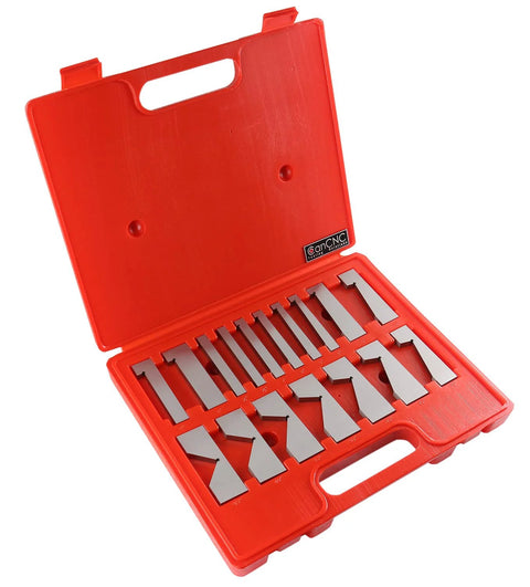 Accusize 17-piece precision angle block set in a red carrying case with silver metal angle blocks.