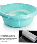 Heavy Duty Waterproof Leak Repair Tape For Plumbing And Outdoor Quick Fix Watertight Seal For Pools Buckets Tarps And More Indoor Or Outdoor Use Flexible Mending Tape fixing a leak in a blue basin.