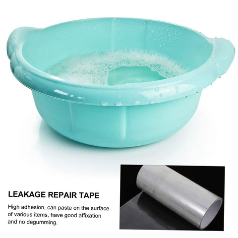 Heavy Duty Waterproof Leak Repair Tape For Plumbing And Outdoor Quick Fix Watertight Seal For Pools Buckets Tarps And More Indoor Or Outdoor Use Flexible Mending Tape fixing a leak in a blue basin.