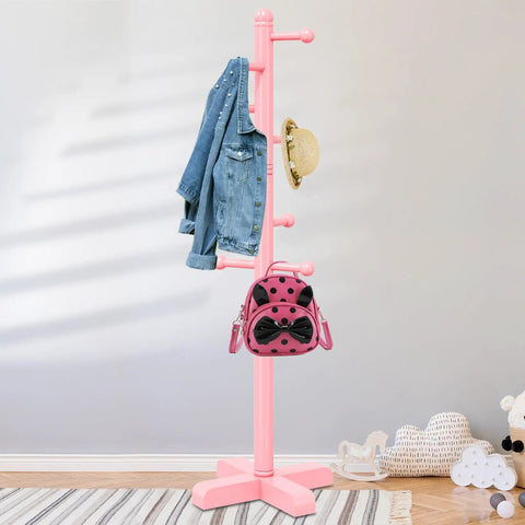 Freestanding Coat Rack With Eight Hooks And Adjustable Height, Tree Style Hallway Organizer For Bedroom, Entryway And Office, Keeps Hats, Bags, And Accessories Neatly Stored In Pink, A Real Space Saver stands in a room against a white wall.