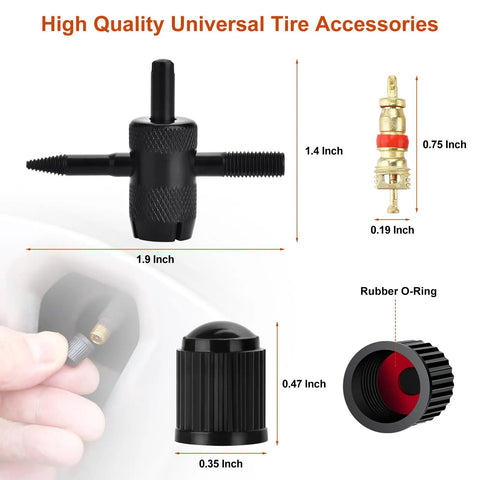 Heavy Duty Tire Repair Kit With Screw Plugs And T Handle, tools and size dimensions on display for flat tire repair