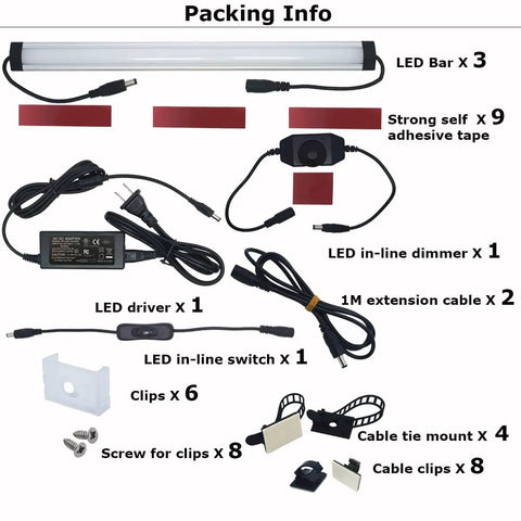 Under Cabinet LED Light Kit 3 Bar Set 1 Ft Each 20W 1000 Lumen Daylight White 5000K Dimmable Plug In components overview