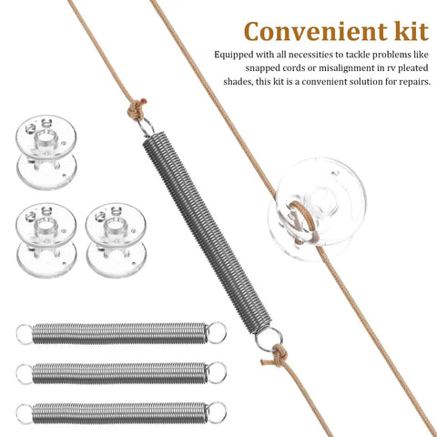 Universal Rv Pleated Shade Repair Kit With Heavy Duty Cord Hold Downs And Tension Springs For Camper Window Blinds Hassle Free Diy Restringing Refresh, includes cord clips and springs.
