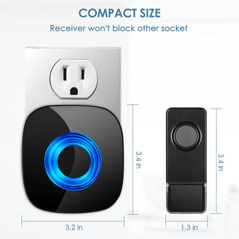 Long Range Wireless Doorbell Kit For Home 1300 Feet Waterproof Door Chime with LED strobe, compact size, shown with measurements