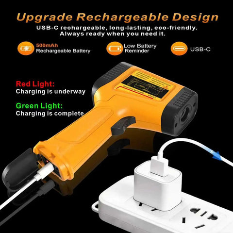Rechargeable Infrared Temp Gun With Non Contact Laser Readout From Minus 58 Fahrenheit To 1472 Fahrenheit High Accuracy Digital Infrared Temperature Gun For Cooking Griddle Oven Meat Food HVAC Automotive Industrial Use USB C Recharge, USB-C charging view