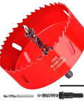 Front view of red 4-inch HSS bi-metal hole saw with pilot drill bit, arbor, and hex key
