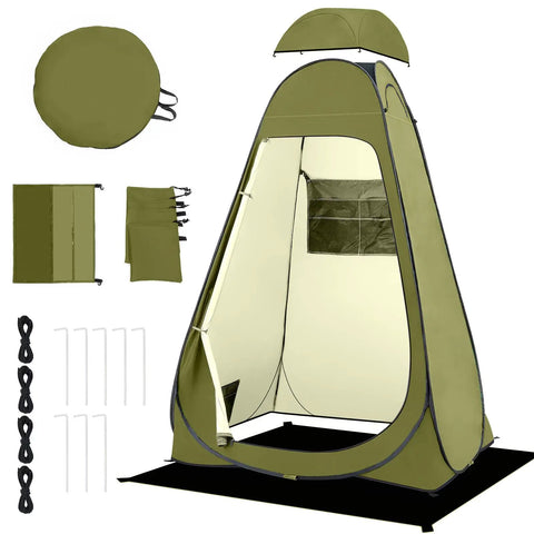 Pop Up Privacy Shower Tent With Windows For Camping And Bathroom Breaks, Portable Changing Shelter in olive green setup view