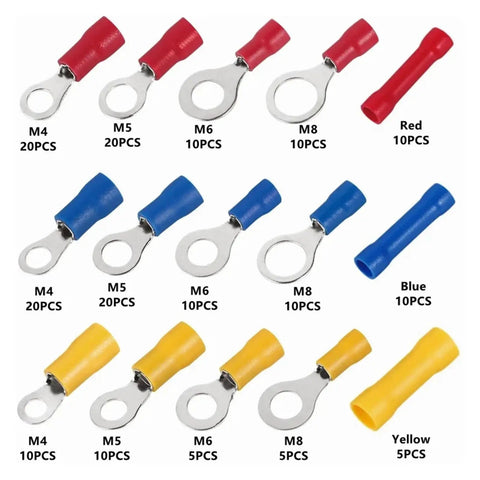 Super Sweet Assorted Insulated Wire Cable Connectors Plus Kit With Ring Lugs And Crimping Terminals For Any Electrical Wiring Job You Can Handle Today. Red blue yellow insulated ring lugs, M4 M5 M6 M8 sizes