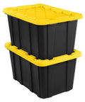 Heavy Hitter Heavy Duty Storage Totes With Secure Lids For Garage, 27 Gallon Stackable Plastic Bins 8 Pack shown stacked.