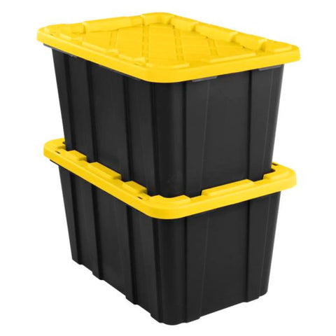 Heavy Hitter Heavy Duty Storage Totes With Secure Lids For Garage, 27 Gallon Stackable Plastic Bins 8 Pack shown stacked.