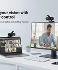 Crisp 1080P HD Webcam With Clear Mic And Noise Cancellation, mounted on laptop during video call with privacy cover.