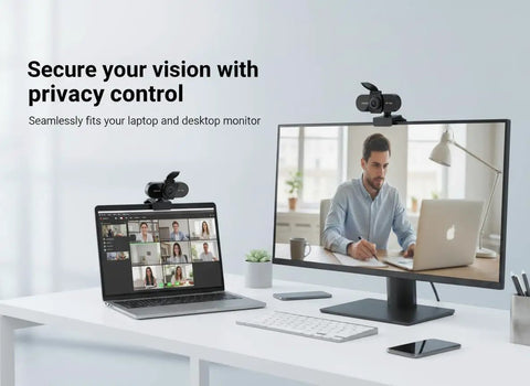 Crisp 1080P HD Webcam With Clear Mic And Noise Cancellation, mounted on laptop during video call with privacy cover.