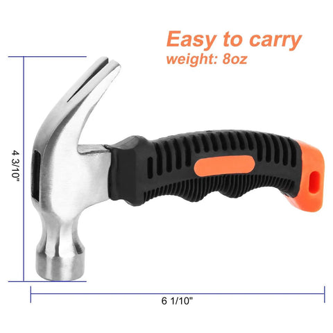 8 Oz Stubby Claw Hammer Mini 6 Inch 4 Pack with soft rubber grip, ergonomic handle, dimensions 6 1/10 inches by 4.3 inches.