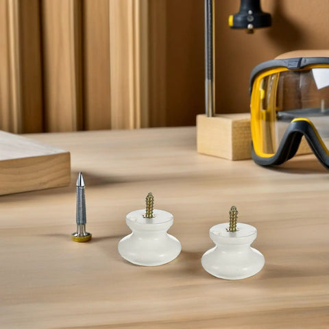 Top Shelf Real Deal Round Wooden Cabinet Knobs 10 Pack Self Tapping Pulls For Kitchen Drawers And Dressers No Sweat Installation with screws on wooden table.