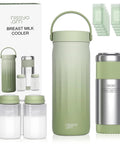 Premium Grab And Go 22 Ounce Stainless Steel Breastmilk Cooler For Travel Portable Milk Chiller with two bottles and thermal packs.