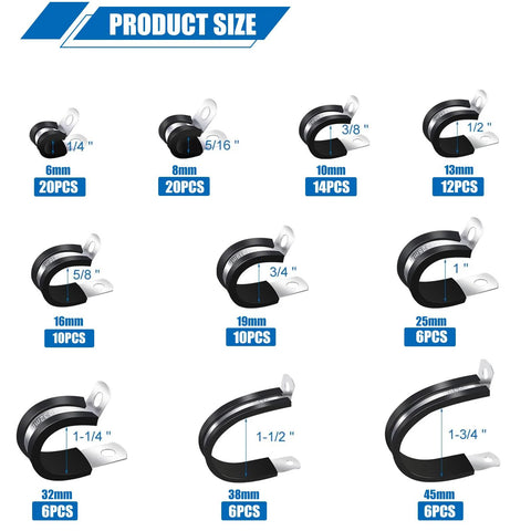Twidec 110-piece stainless rubber-coated cable clamp kit in handheld box; 10 sizes from 1/4 in to 1-3/4 in