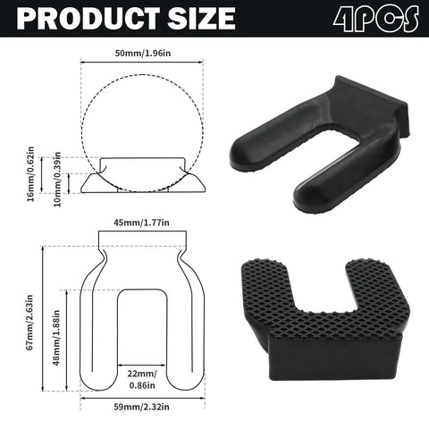Four Pack Rubber Wheel Stops For Furniture No Slip Floor Saver Caster Stoppers To Protect Floors Beds And Chair Legs Fits Small 5cm Casters shown with size diagram, black rubber material, side and bottom view