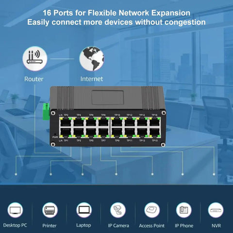 16 Port Gigabit Ethernet Switch For Industrial Use Unmanaged DIN Rail Mount in office setup, shown with network connections