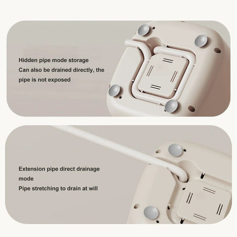 Game Changing 9L Portable Washing Machine With Spin Dryer And Clever Hidden Drain Hose, showing hidden pipe storage and extension for drainage.