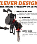 Heavy Duty Motorcycle Phone Mount With USB Charger Ultra Secure Phone Holder showing 360° rotation and clamp knob features