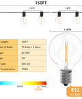 Diagram of Outdoor String Lights 150ft G40 LED With Remotes, showing dimensions and bulb details with 2700K warm white glow.