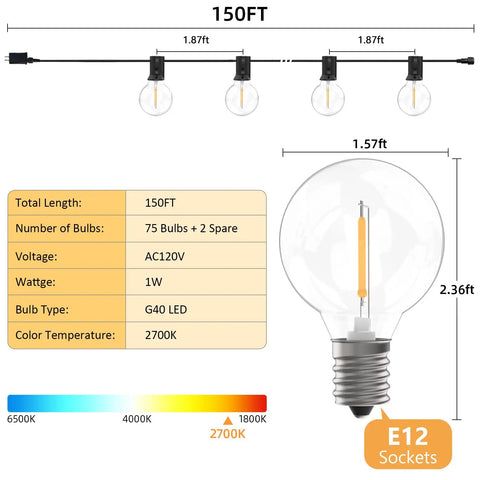 Diagram of Outdoor String Lights 150ft G40 LED With Remotes, showing dimensions and bulb details with 2700K warm white glow.