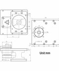 Technical drawing of Heavy Duty Aluminum Hollow Rotary Actuator dimensions, 145x130x79mm, designed for smooth connection to stepper motors.