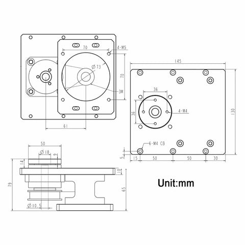 Technical drawing of Heavy Duty Aluminum Hollow Rotary Actuator dimensions, 145x130x79mm, designed for smooth connection to stepper motors.