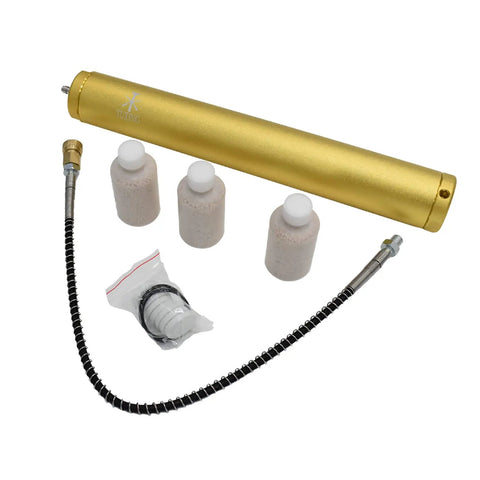 Heavy Duty 4500 Psi PCP Air Compressor Filter With Water And Oil Separator showing gold anodized aluminum casing and quick connectors