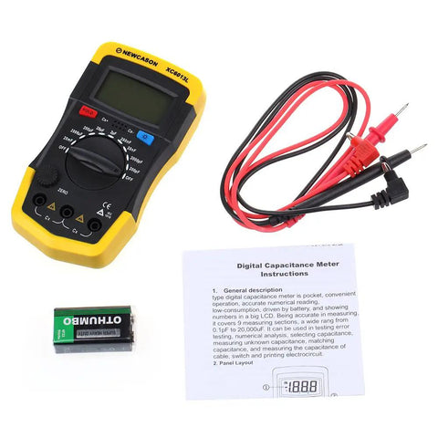 Pro Grade Digital Capacitance Meter And Tester 0.1pF To 20000uF Range Ultra Portable High Accuracy Low Power Big LCD Screen DIY Friendly Electronics Capacitance Checker, yellow handheld meter with test leads