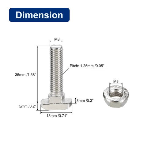 Beefy Drop In T Slot Bolt And M8 Nut Set For 45 Series Aluminum Profile Hammer Head T Bolts 8mm Thread 35mm Length