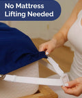 Person attaching adjustable elastic bed sheet holders with strong metal clips, no mattress lifting required, close-up view.