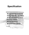 60x60mm XYZ Linear Stage With Manual Sliding Table, Aluminum Bearing, 6.5mm XY Stroke, 10mm Z Travel, 0.03mm Accuracy, Specs