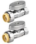 2 Pack Solid Brass Straight Stop Valves Quick Connect Shut Off Fittings 1/2 Inch PTC To 3/8 Inch Compression Output with chrome finish.