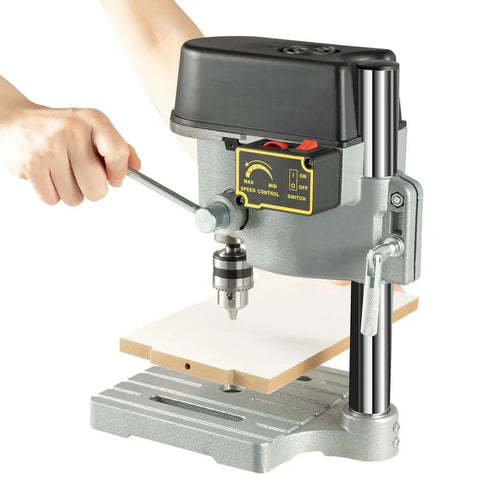 3 Speed Benchtop Drill Press For DIY Projects And Jewelry Making Electric Bench Drill For Precision Wood Plastic Aluminum And Resin Drilling Low Noise Durable 110V Workhorse For Small Detail Work with speed control, on a workbench.