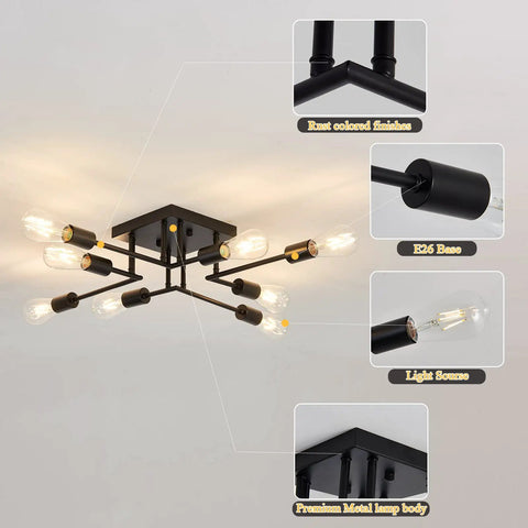 8 Light Semi Flush Mount Ceiling Light Fixture Dope Modern Metal Black Sputnik Chandelier With E26 Base