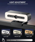 Premium 4K Webcam With Built In Ring Light And Dope Privacy Shutters For Crisp Streaming And Badass Video Calls showcasing light adjustment features.