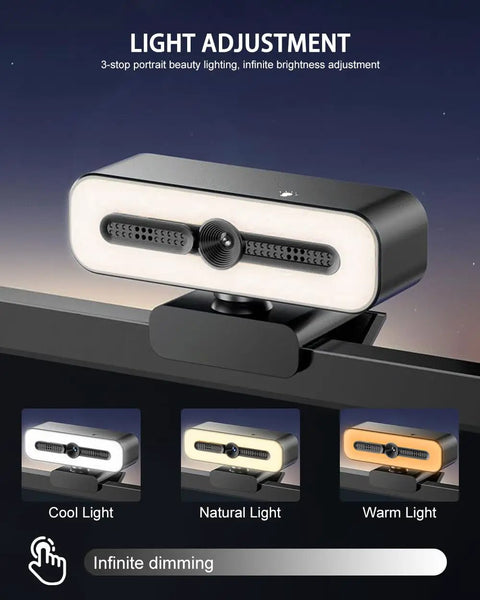 Premium 4K Webcam With Built In Ring Light And Dope Privacy Shutters For Crisp Streaming And Badass Video Calls showcasing light adjustment features.