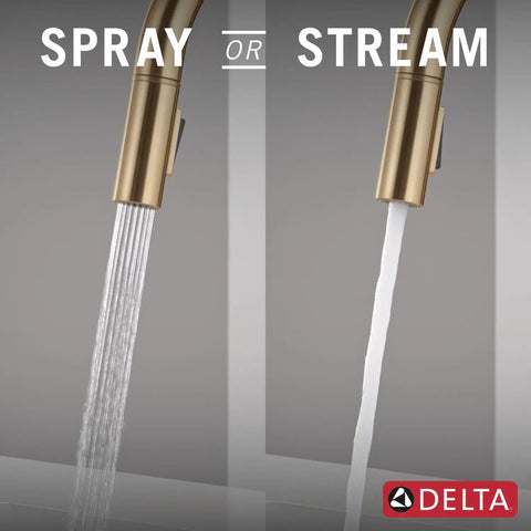 Modern Brushed Gold Kitchen Faucet With Pull Down Sprayer And Single Handle showing spray and stream options.