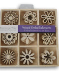 Wood flower shapes set in a nine-compartment divided box; 45 laser-cut pieces, 1 inch each.