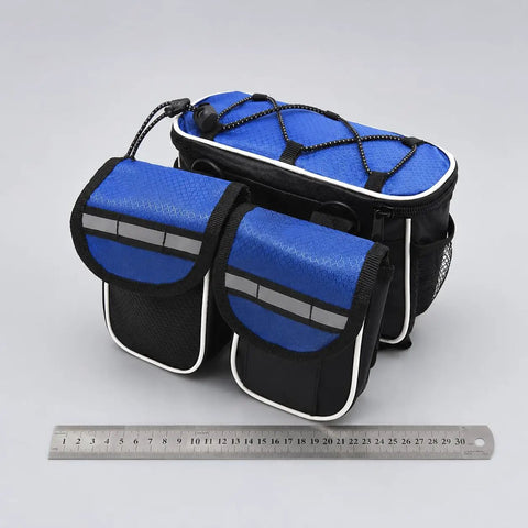 Large Bike Frame Bag 2L With Four Compartments, Water Resistant Frame Storage for Mountain Biking, shown with ruler for size reference
