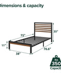 Solid Bamboo And Steel Platform Bed Frame With Sleek Headboard In Toasty Brown Twin Size dimensions showing 350 lbs capacity.