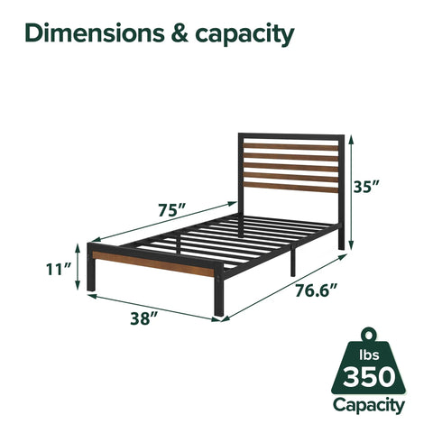 Solid Bamboo And Steel Platform Bed Frame With Sleek Headboard In Toasty Brown Twin Size dimensions showing 350 lbs capacity.