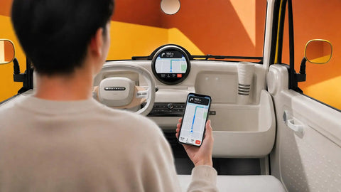 Interior view of Premium Two Seater Electric Golf Cart with smart cabin features and navigation on smartphone.
